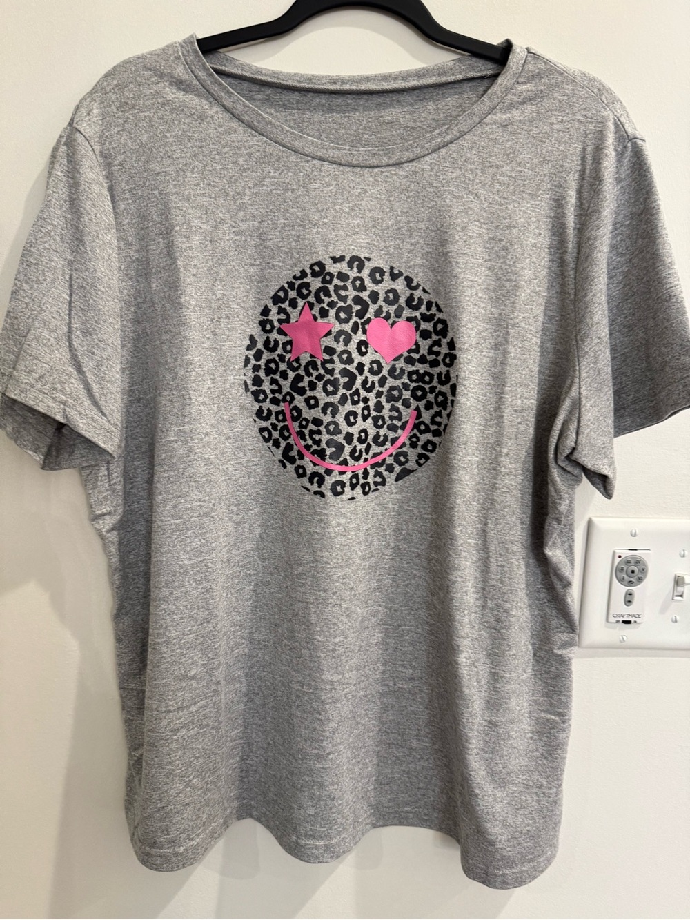 SHEIN Gray Tee with Leopard Smiley and Pink Accents